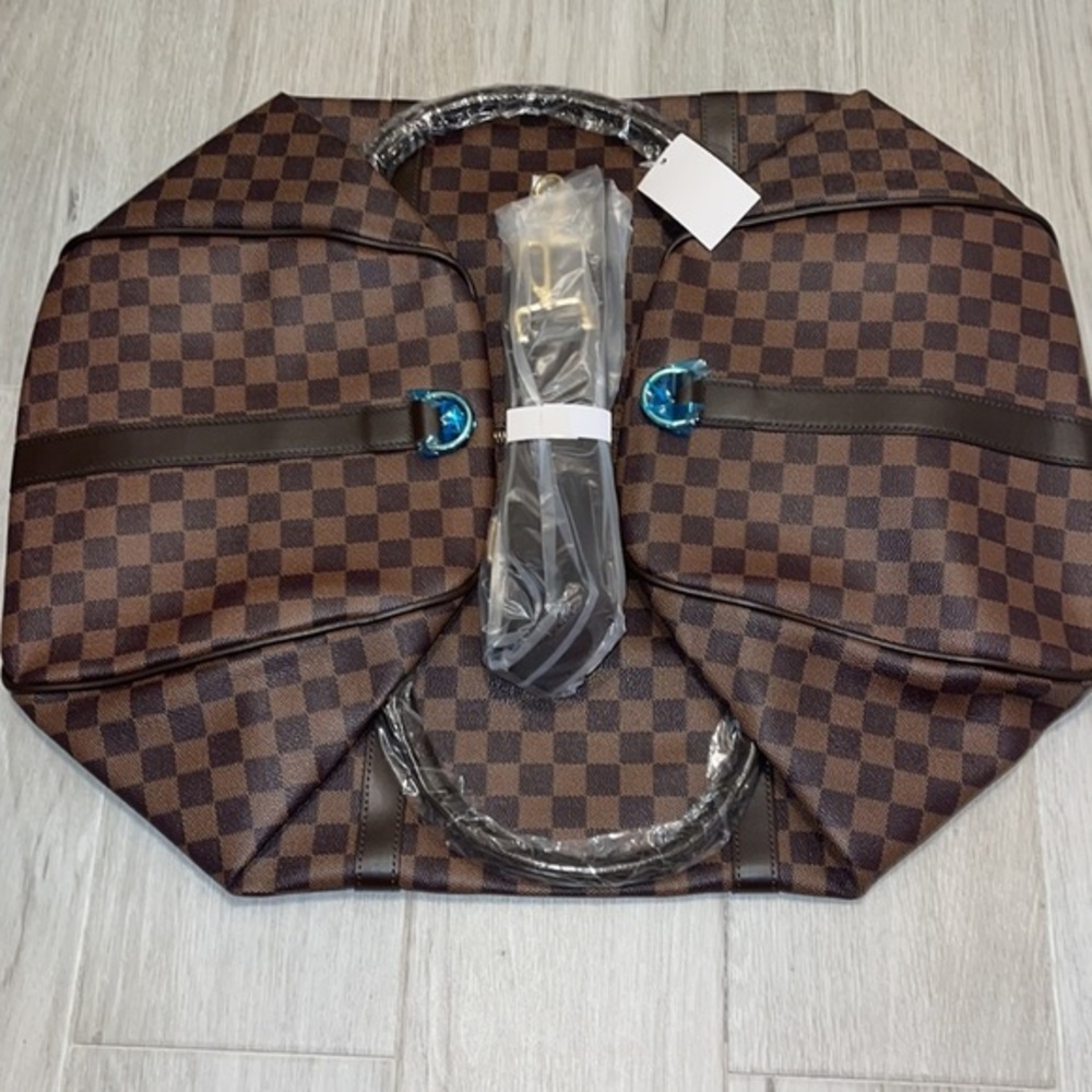 Brown Check Travel Duffel Bag - Classic Checkerboard Carryall - Picture 7 of 7
